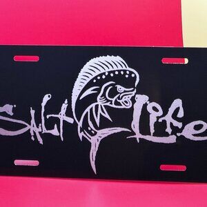 Black Laser Engraved Salt Life with Dolphin License Plate